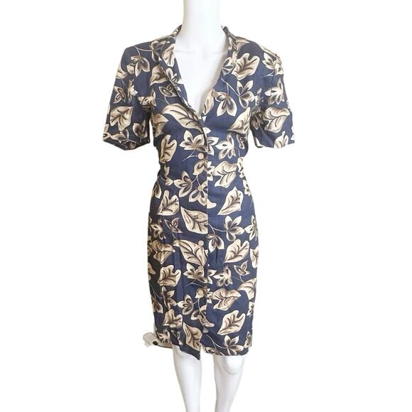 Vintage Navy Blue Leaf Print Linen Short Sleeve Button Front Sheath Dress - Picture 1 of 12